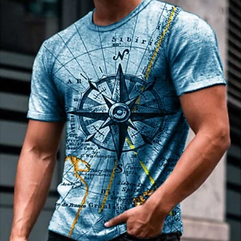 Herren Tee T-Shirt 3D-Druck Grafik-Drucke Kompass Druck Kurzarm Alltag Oberteile Freizeit Designer Groß und hoch Rundhalsausschnitt Blau Grau Grün / Sommer