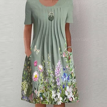 Damen A Linie Kleid Knielanges Kleid Grün Kurzarm Blumen Tasche Bedruckt Sommer Rundhalsausschnitt Alltag Festtage Regular Fit 2021 S M L XL XXL