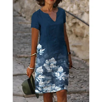 Damen A Linie Kleid Knielanges Kleid Blau Kurzarm Blumen Druck Frühling Sommer V-Ausschnitt Freizeit 2021 S M L XL XXL 3XL